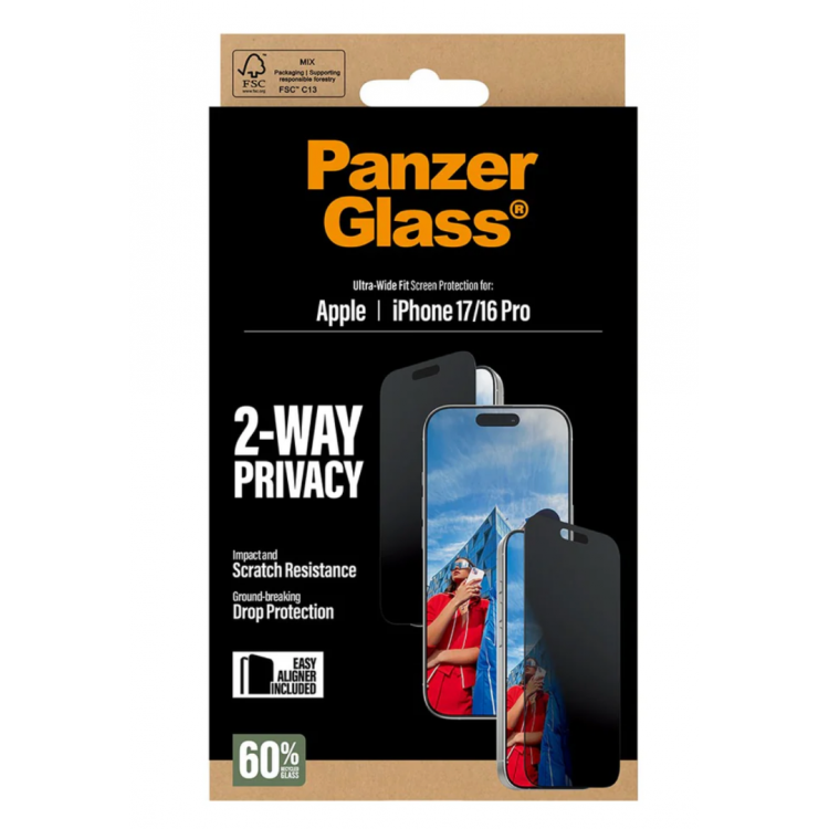 PanzerGlass Γυαλί προστασίας Fullcover Privacy Ultra-Wide Fit w. EasyAligner Case Friendly 0.3MM για Apple iPhone 17 6.3 5G 2025/16 PRO 6.3 2024 - PG-PG93414